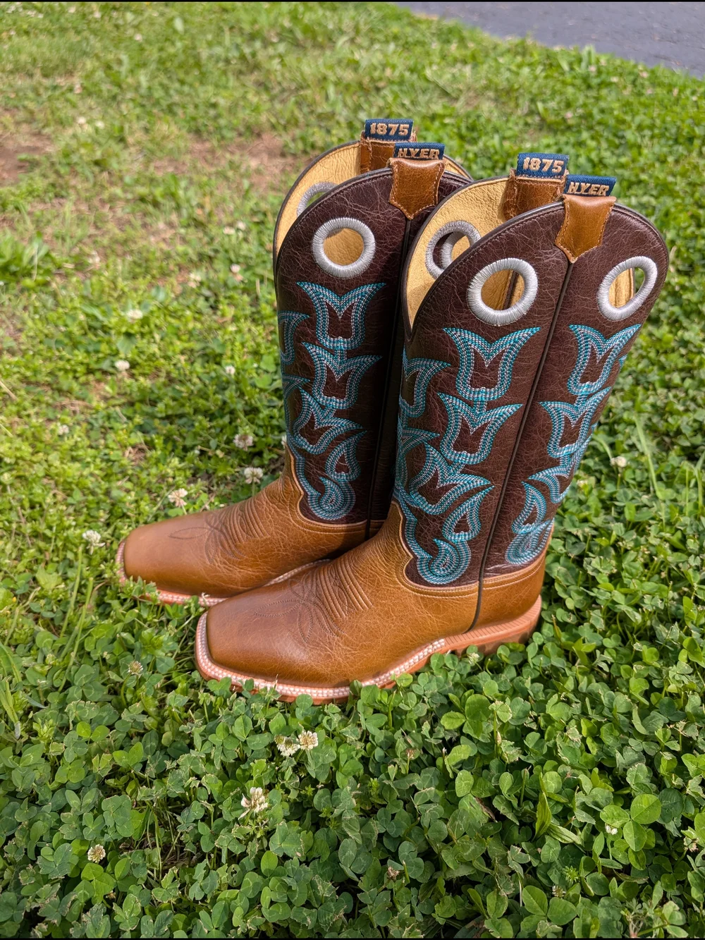 Hyer Ladies Jewell Brown & Teal Tulip Western Cowboy Boots Wide Square Toe - Picture 2 of 6